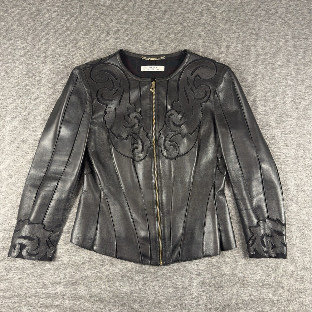 Versace Collection Baroque Leather Napa Jacket Womens 44 Black Lambskin Luxe